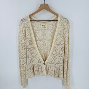 Vintage Y2K Lace Cardigan Cream Crochet Peplum Romantic Indie Size XL Boho